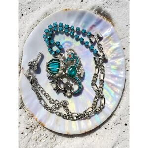 Rare Betsey Johnson Seahorse Necklace-Teal Blue Rhinestone-Beach-Mermaid-Coastal